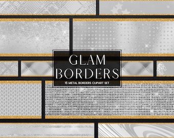 Silver Glitter Glam Border Clipart, Luxury Gold Glitter Metal Foil PNG Borders, Silver Dividers and Frame Clip Art, Commercial Use
