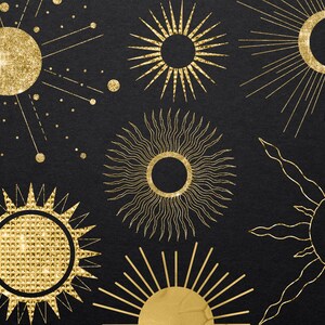 May include: A set of nine gold sun and moon illustrations with a glitter texture. The illustrations are on a black background.