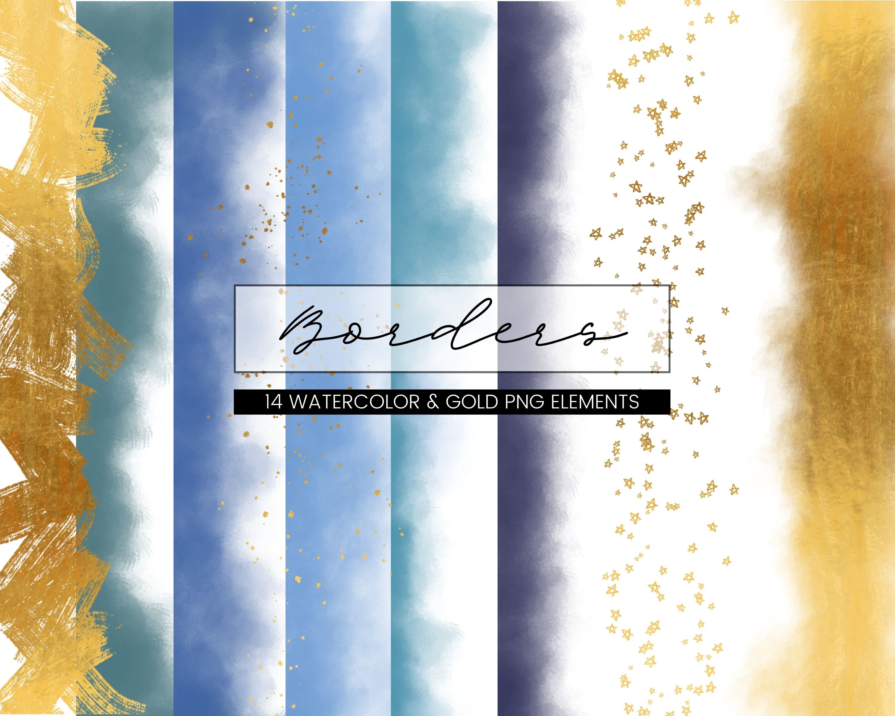 14 Azul acuarela y oro Foil Bordes clipart estrella de lavanda pintado a mano marcos png transparente pinceladas pinceladas invitación uso comercial