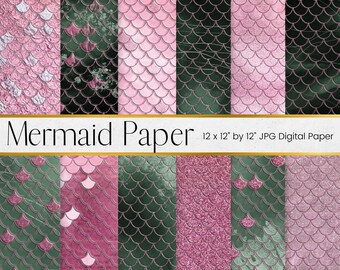 Pink Mermaid Scales Paper Pattern, Green Glitter Scrapbook Paper Pattern, Rose Gold Glitter Fish Scale Background Textures, Commercial Use