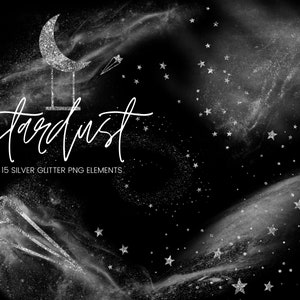 Silver Glitter Space Clipart, Cosmic Space Dust, Galaxy Overlay, Silver Foil Star and Moon Cluster, Transparent PNG, Commercial use