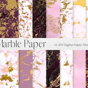 May include: A set of 14 digital paper files featuring marble patterns in shades of pink, white, and purple with gold accents. The text "Marble Paper" and "14 JPG Digital Paper Files" is displayed at the top of the image.