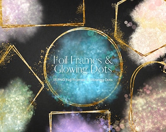 Gold Frames and Glowing Dots Clipart, Square Circle Gold Frame Overlays, Glowing Shapes, Transparent PNG Watercolour Glitter, Commercial Use