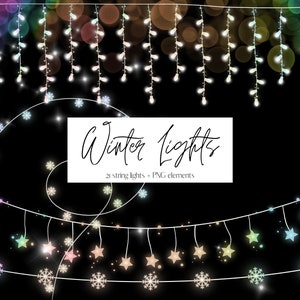 May include: 21 string lights with a white cord and colorful bulbs. The lights are arranged in a curved pattern with snowflakes and stars. The text "Winter Lights" is written in black cursive with the words "21 string lights - PNG elements" below.