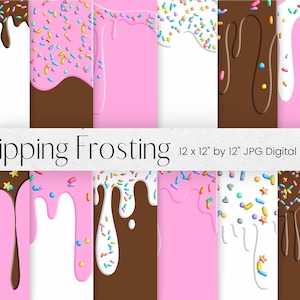 May include: Digital paper pack with 12 different designs of dripping frosting with sprinkles. Each design is 12 inches by 12 inches.