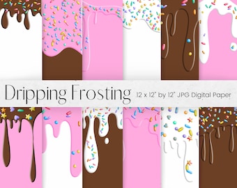 Cake Frosting Dripping Digital Paper, Chocolate, Strawberry Dripping Textures, White Icing Dripping Background Pattern, Scrapbook Paper