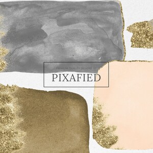 May include: Abstract watercolour design with grey, peach, and brown shapes, accented with gold glitter. The image includes the text "PIXAFIED" within a black rectangle, indicating a design brand. The overall aesthetic is modern and artistic.