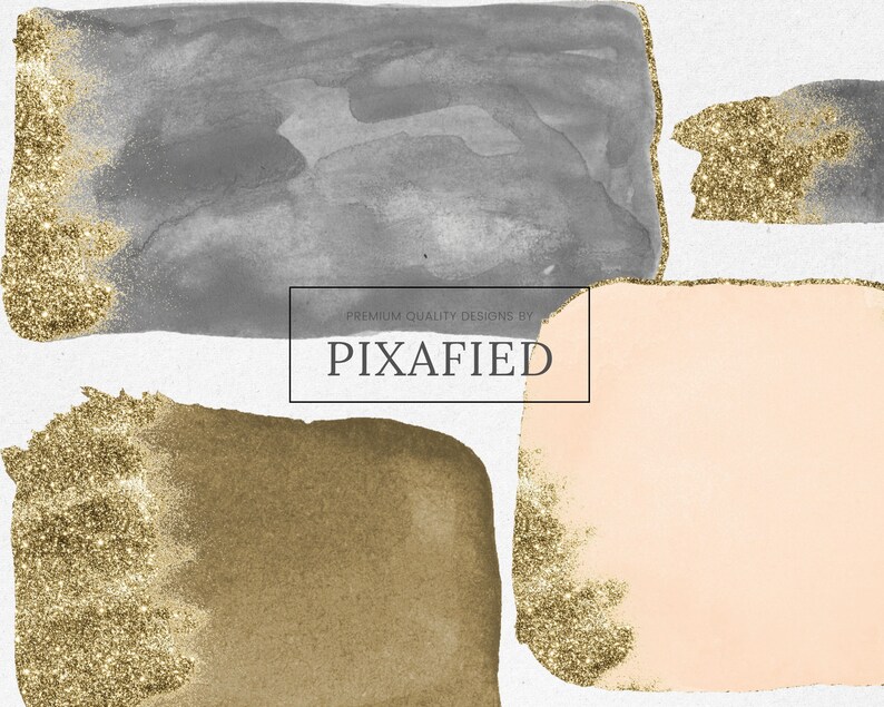 May include: Abstract watercolour design with grey, peach, and brown shapes, accented with gold glitter. The image includes the text "PIXAFIED" within a black rectangle, indicating a design brand. The overall aesthetic is modern and artistic.