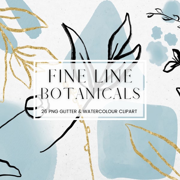 Fine Line Floral Clipart, Gold Glitter Flowers, Black Line Flowers, Transparent Blue Watercolour Shapes, Wedding Invitation Clip Art