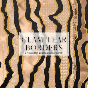 Beige Glam Tear Border Clip Art, Luxury Metallic and Gold Glitter Ripped Border Clipart, PNG Metal Paper Border and Frames