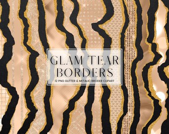 Clip art de borde de lágrima de glamour beige, imágenes prediseñadas de borde rasgado de brillo metálico y dorado de lujo, marcos y bordes de papel metálico PNG