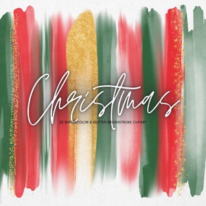 Kerst aquarel penseelstreek illustraties, rood, groen transparant PNG textuur verf, glitter goud penseelstreek, digitale aquarel clipart