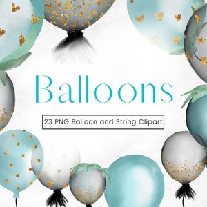 Watercolour Balloon Clipart, Blue, Black and Gold Glitter Balloon Clip Art, Transparent PNG Birthday Party Decorations, Commercial Use