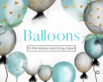 Imágenes prediseñadas de globos de acuarela, imágenes prediseñadas de globos de brillo azul, negro y dorado, decoraciones de fiesta de cumpleaños PNG transparentes, uso comercial