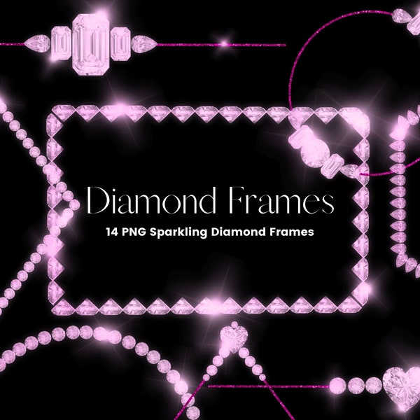 Pink Diamond Frame Clipart, Pink Diamond Borders Overlay, Glitter Gems Clip Art, Diamond Circle, Square Frames, Commercial Use