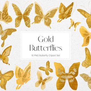 Gold Butterfly Clipart, Foil and Glitter Butterflies, PNG Butterfly Graphics, Birthday Wedding Invitation Clipart, Commercial Use