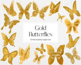 Imágenes prediseñadas de mariposa de oro, mariposas de papel de aluminio y brillo, gráficos de mariposa PNG, imágenes prediseñadas de invitación de boda de cumpleaños, uso comercial