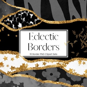Eclectic Border Clipart, Black Border Overlays, Transparent PNG Marble, Gold Glitter Border Frames, Invitation Clipart, Commercial Use