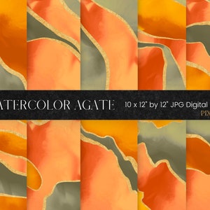 Watercolor Agate Digital Paper, Gold Glitter and Agate Pattern Background, Orange Watercolour PNG Texture, Modern Geode Scrapbook Paper