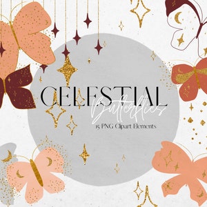 Celestial Butterfly Clipart Set, Brown, Beige, Grey Butterfly, Gold Glitter Moon and Stars Butterfly Clip Art, PNG Boho Clipart, Commercial