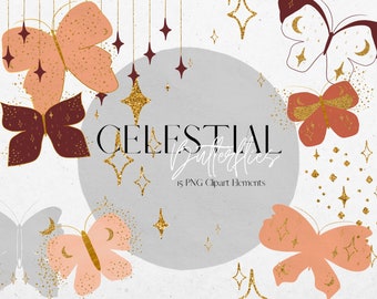 Ensemble de Clipart papillon céleste, marron, Beige, papillon gris, or paillettes lune et étoiles papillon Clip Art, PNG Boho Clipart, Commercial