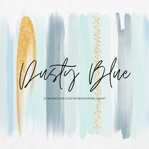 Clipart de pincelada de aquarela azul empoeirado, tinta de textura PNG transparente, pincelada de ouro brilhante, clipart digital de aquarela