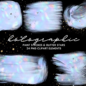 Holographic Paint Brushstroke Clipart, Gold Glitter Stars, Silver Glitter Transparent PNG, Rainbow Paint Clip Art, Commercial Use