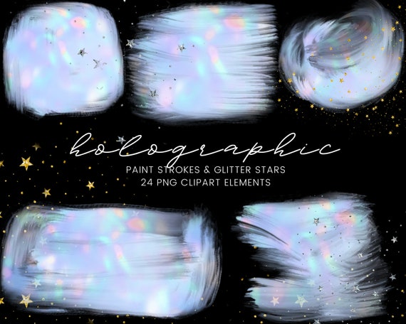 Holographic Paint Brushstroke Clipart, Gold Glitter Stars, Silver