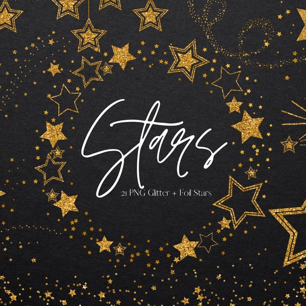 21 Gold Glitter Stars Clipart set, Gold Glitter Star Frames and Borders, PNG Galaxy Stardust Overlay, Star Clip Art, Commercial Use