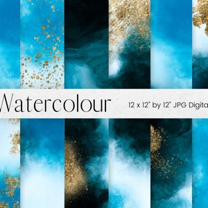 Gold Glitter and Blue Watercolour Pattern Digital Paper, Glitter Pattern,  Blue Scrapbook Paper, Watercolour Background Textures