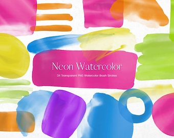 Neon Watercolour Brush Stroke Clipart, Transparent PNG Watercolour Paint, Digital Paint Clipart, Pink, Blue, Green Brushstrokes