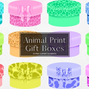 Circle Gift Box Clipart, Animal Print Pattern, Pink Blue Green Ribbon Bow Round Present Clipart, PNG Digital Invitation Party Clip Art