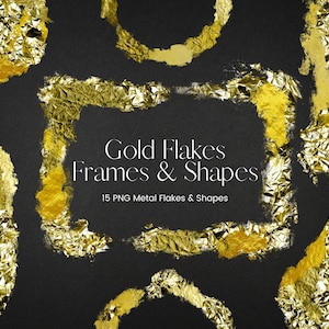 Gold Foil Frame Clipart, Metal Foil Flakes Overlays, PNG Gold Border Frames, Wedding Invitation Clipart, Commercial Use