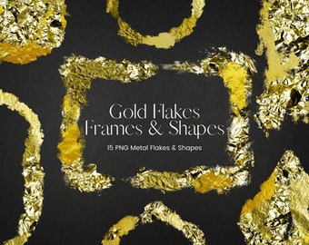 Gold Foil Frame Clipart, Metal Foil Flakes Overlays, PNG Gold Border Frames, Wedding Invitation Clipart, Commercial Use