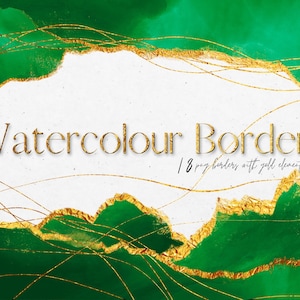 18 Gold and Green Watercolour Border Clipart, Gold Brushstrokes Borders Overlay, Foil Digital Watercolour Frame Clip Art, Commercial Use