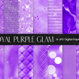 Puede incluir: Un paquete de papel digital con 14 patrones de purpurina púrpura y plateada. Los patrones incluyen formas geométricas, rayas y diseños abstractos. El texto "ROYAL PURPLE GLAM 14 JPG Digital Paper Files" está en la parte superior de la imagen.