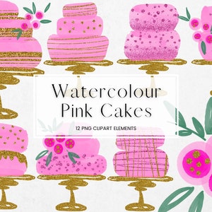 Pink Watercolour Cake Clipart, PNG Watercolour and Gold Glitter Layered Cake, Transparent Wedding Invitation Clipart, Commercial Use