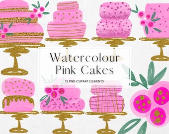 Pink Watercolour Cake Clipart, PNG Watercolour and Gold Glitter Layered Cake, Transparent Wedding Invitation Clipart, Commercial Use