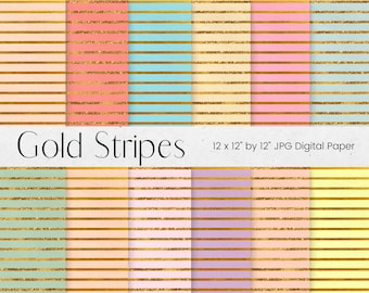 May include: Digital paper set featuring various pastel backgrounds with horizontal gold glitter stripes. The text "Gold Stripes" is displayed above the dimensions of the paper, which are 12 x 12 inches.