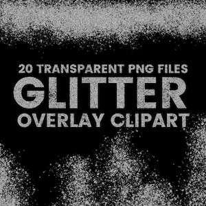 Può includere: 20 file PNG trasparenti di clipart di sovrapposizione di glitter argentato. Il glitter è sparso in varie forme e dimensioni su uno sfondo nero.