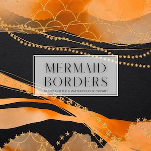 Clipart de borda aquarela de sereia, molduras digitais com brilho dourado aquarela laranja, impressão PNG transparente sob demanda, uso comercial
