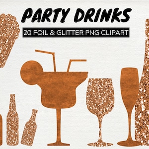 20 Copper Foil and Glitter Alcohol Clipart, cocktail party, wine, champagne beer hens stag celebration invitation Transparent commercial use