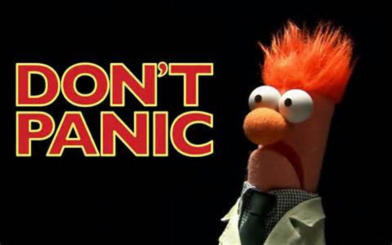 Pode incluir: Um gr&aacute;fico vermelho e amarelo com o texto "DON'T PANIC" e um fantoche de cabelo ruivo com uma express&atilde;o preocupada vestindo um jaleco branco e uma gravata azul escura.