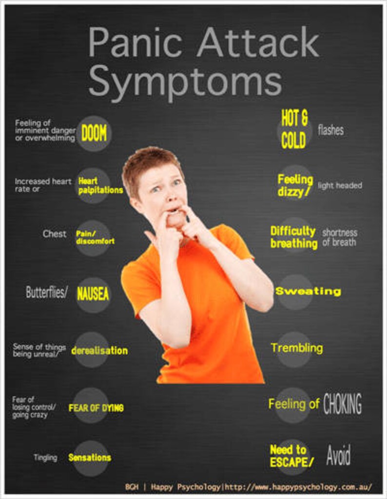 Pode incluir: Uma infografia em preto e branco com o t&iacute;tulo "Sintomas de Ataque de P&acirc;nico" e uma lista de sintomas que incluem a sensa&ccedil;&atilde;o de perigo iminente, aumento da frequ&ecirc;ncia card&iacute;aca, dor no peito, borboletas no est&ocirc;mago, sensa&ccedil;&atilde;o de irrealidade, medo de perder o controle, sensa&ccedil;&otilde;es de formigamento, ondas de calor e frio, sensa&ccedil;&atilde;o de tontura, dificuldade em respirar, suor, tremores, sensa&ccedil;&atilde;o de sufocamento, necessidade de escapar e evitar. Uma mulher aparece no centro da infografia com as m&atilde;os sobre a boca.