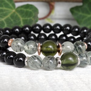6mm Black Tourmaline Moldavite Gemstone Bracelet, Crystal Healing Green Energy Bracelet, Unisex Natural Gemstone Bracelet