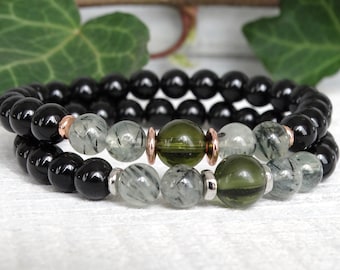 6mm Black Tourmaline Moldavite Gemstone Bracelet, Crystal Healing Green Energy Bracelet, Unisex Natural Gemstone Bracelet