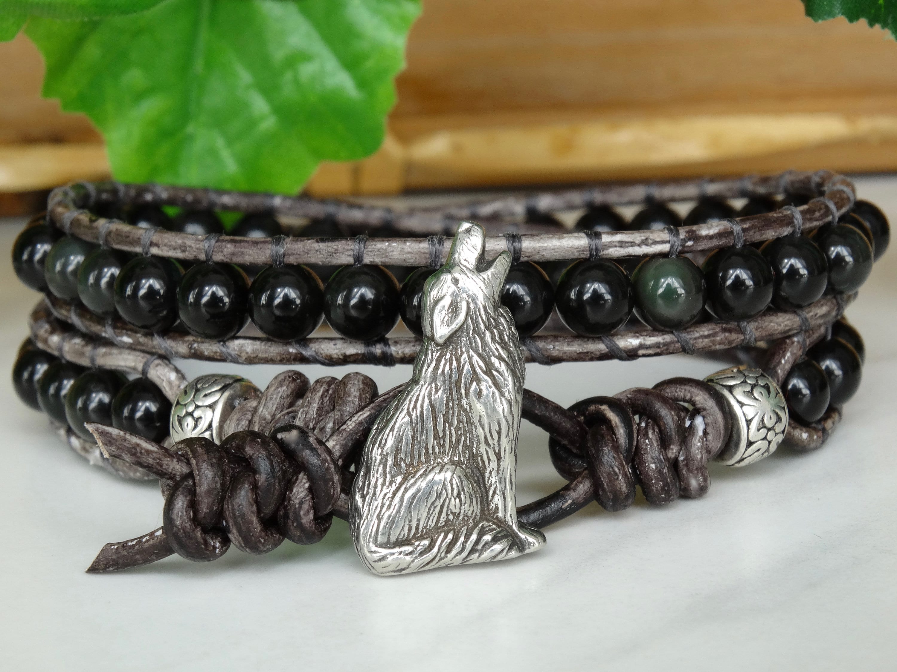 Leather wolf shop bracelet