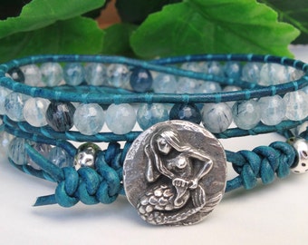 Turquoise Mermaid Leather Bracelet, Mermaid Jewelry, Bohemian Leather Wrap Gemstone Bracelet For Women, RT141