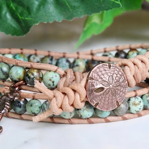 African Turquoise Wrap Bracelet, Turquoise Wrap, Earthy Wrap Bracelet, Boho Beach Bracelet, Sand Dollar Gemstone Leather Bracelet,  RT080