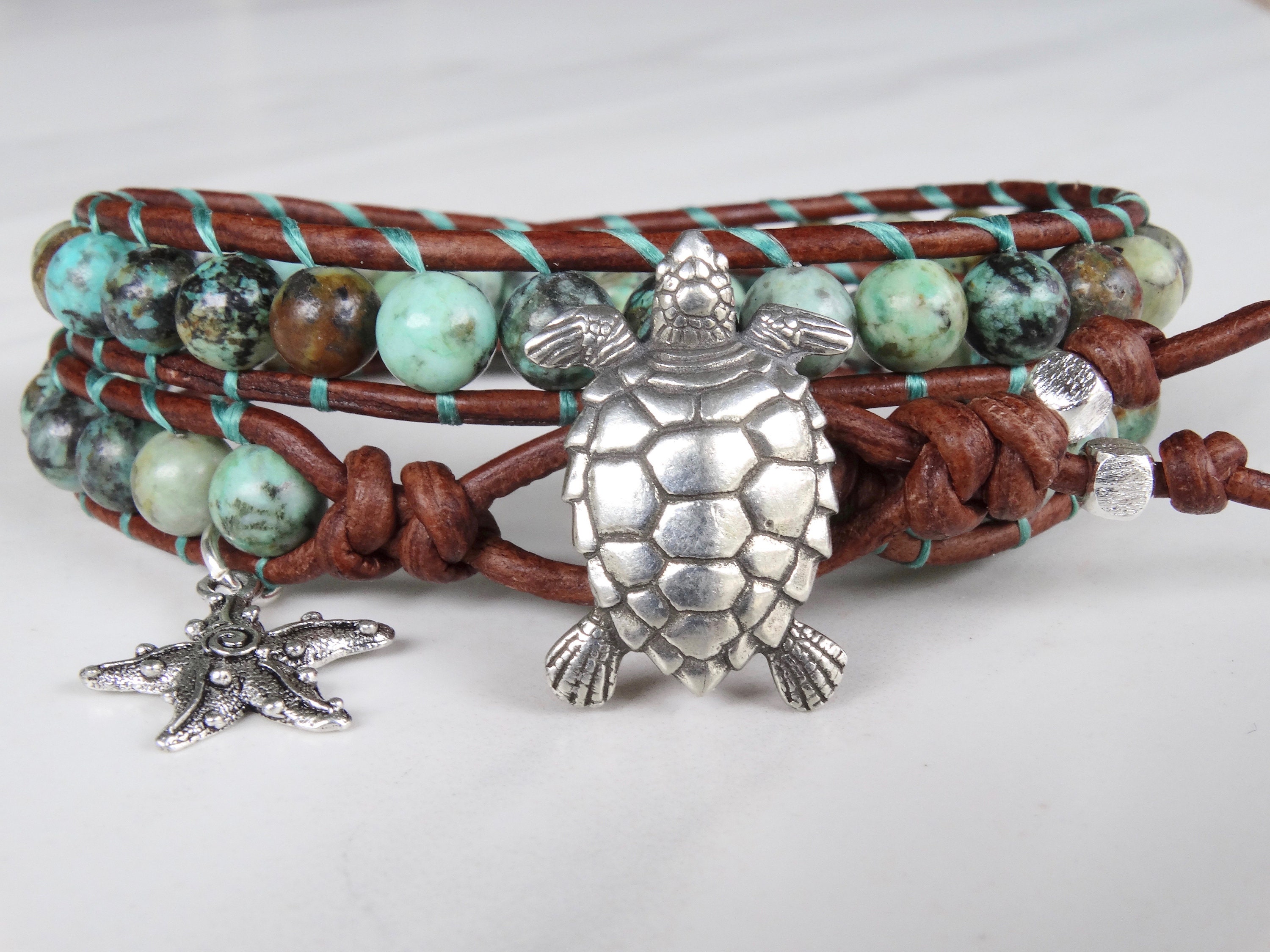 Sea Turtle Leather Bracelet African Turquoise Double Wrap | Etsy